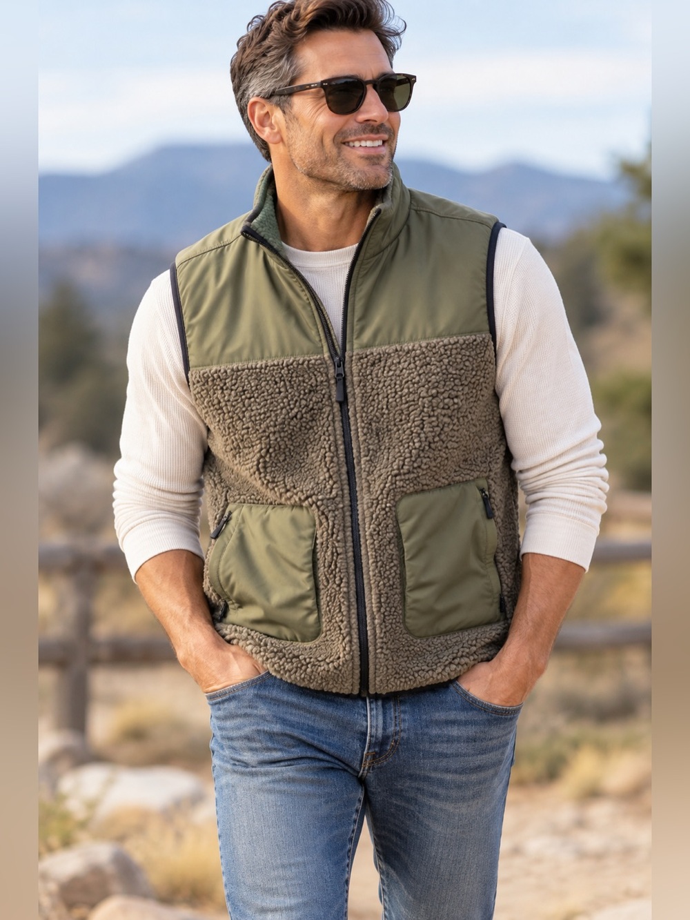 FLX Men’s Medium Sherpa Fleece Full Zip Utility Vest Olive Green